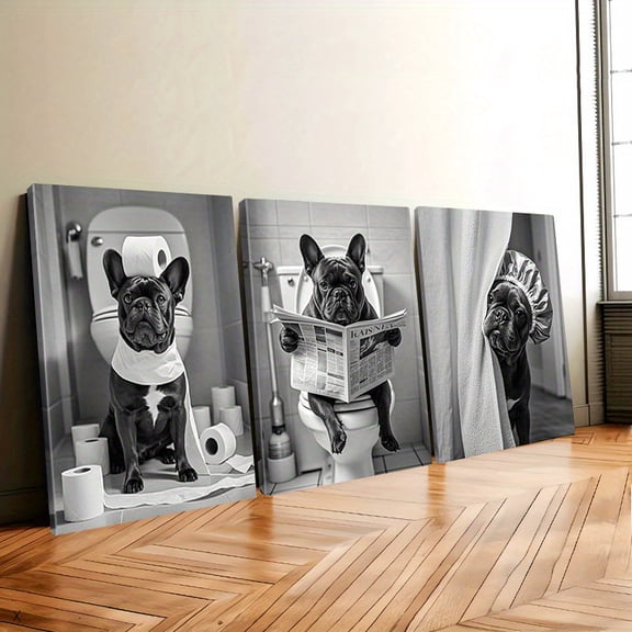 2D Flat, Framed Artwork Featuring Three Black And White French Bulldogs Reading a Newspaper, Designed for Bathroom Wall Decor