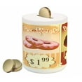 thumbnail image 1 of Vintage Piggy Bank, Bakery of Delicious Pastries Deserts Doughnuts and Cakes with Price Tags Pattern, Ceramic Coin Bank Money Box for Cash Saving, 3.6" X 3.2", Multicolor, by Ambesonne, 1 of 4