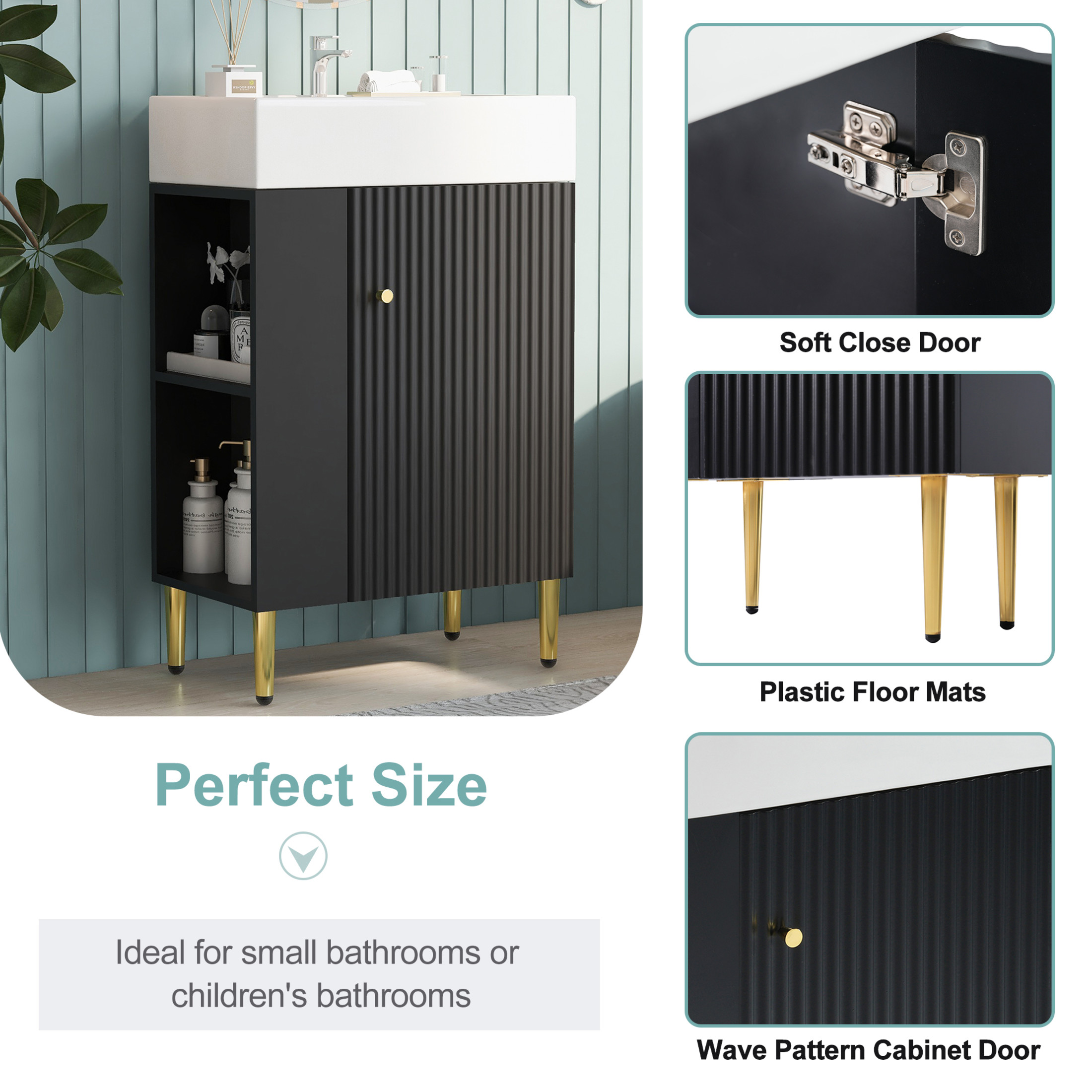 Noble House 21.6" Bathroom Vanity with Ceramic Sink, Left Side Storage Cabinet & Gold Metal Legs, Black