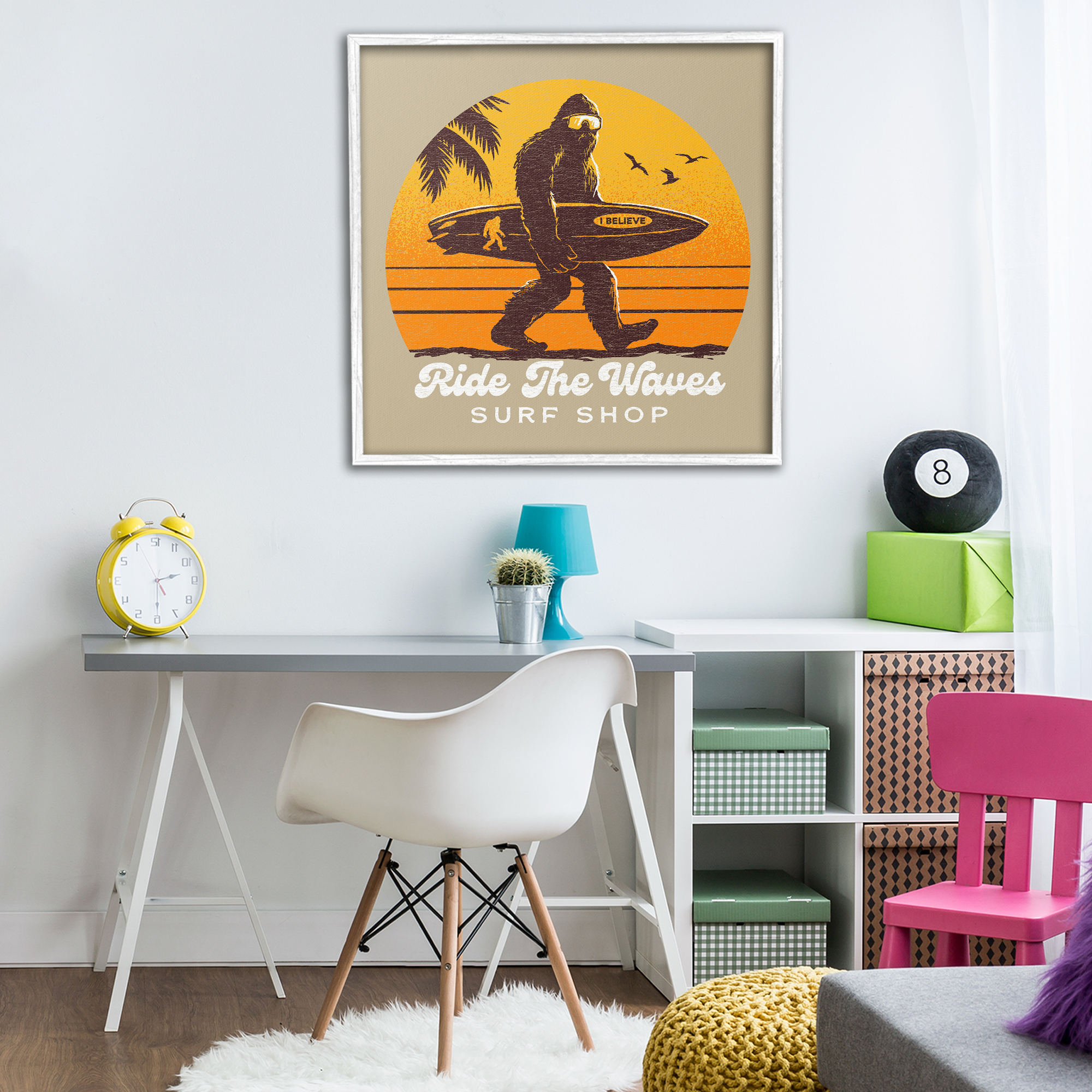 Ride The Waves Surf Shop White Framed Giclee Art, design by Jedco Brands Inc.