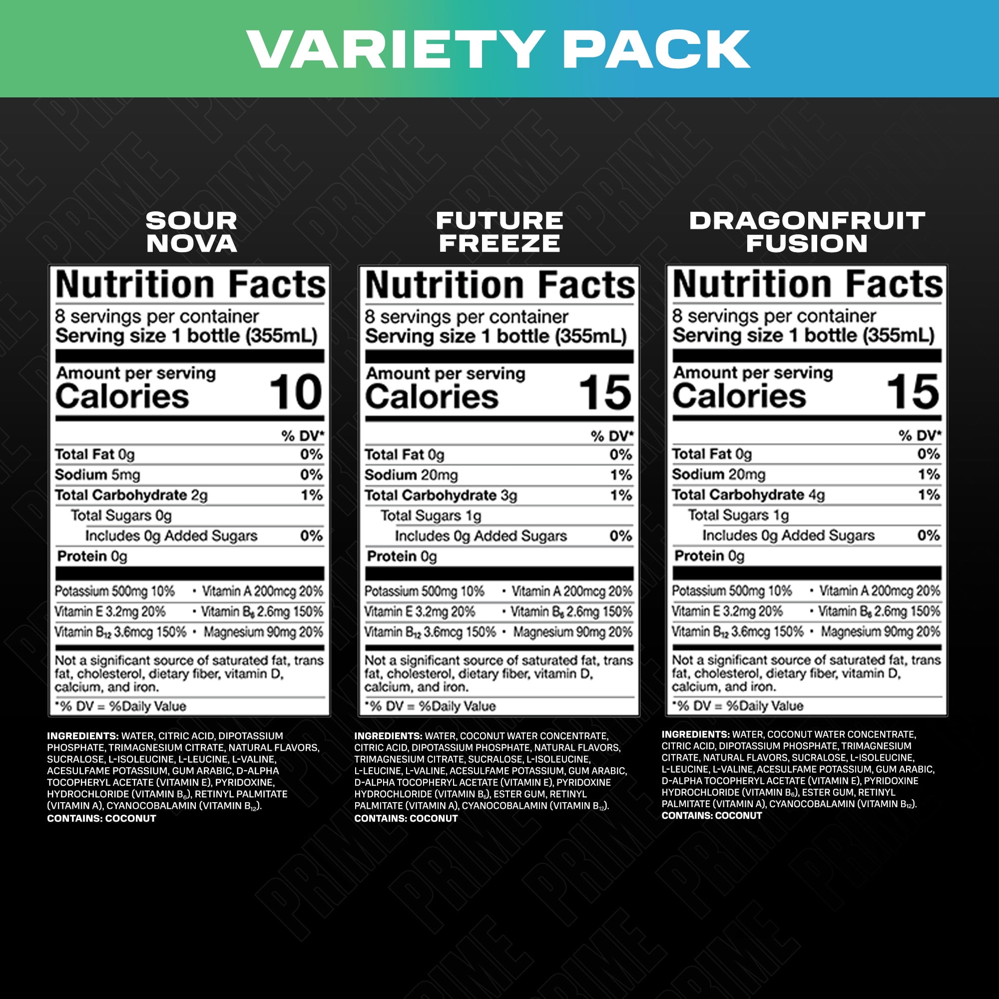 Prime Hydration Sports Drink, Dragon Fruit Fusion, Future Freeze, Sour Nova, 12 fl oz, 15 Pack, Bottles
