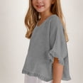 thumbnail image 2 of Faraee 3/4 Sleeve Cotton Linen Cropped Tops for Teen Girls Kids Ruffle Hem Crewneck Solid Blouses Summer Loose Shirt 5t 6t 7t 8t 5-15 Years Grey, 2 of 6