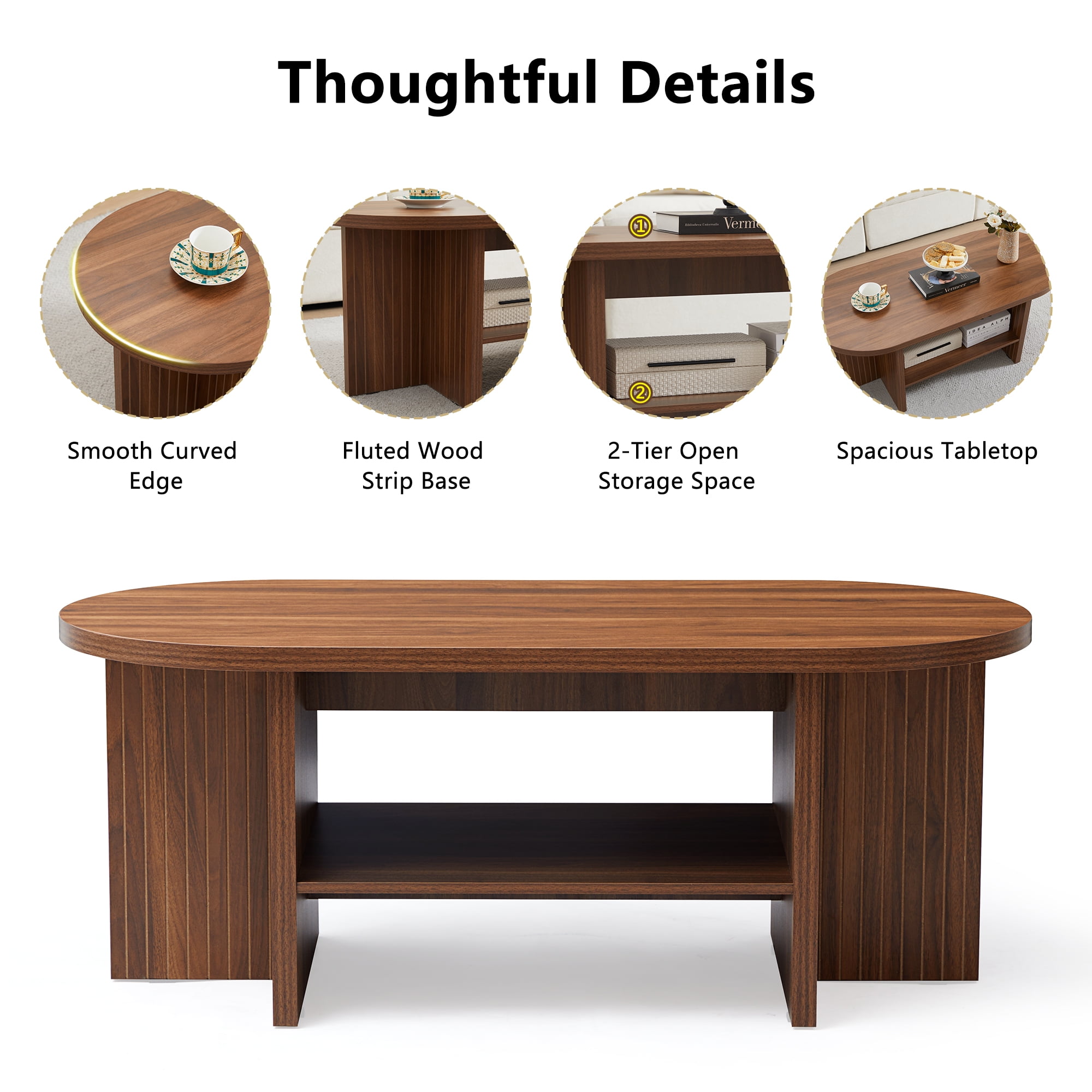Wirrytor 43.3” Oval Coffee Table, Farmhouse Coffee Tables for Living Room Small, Fluted Coffee Table with Open Storage Shelf, Wood Center Table for 2-Tier Coffee Table, Walnut