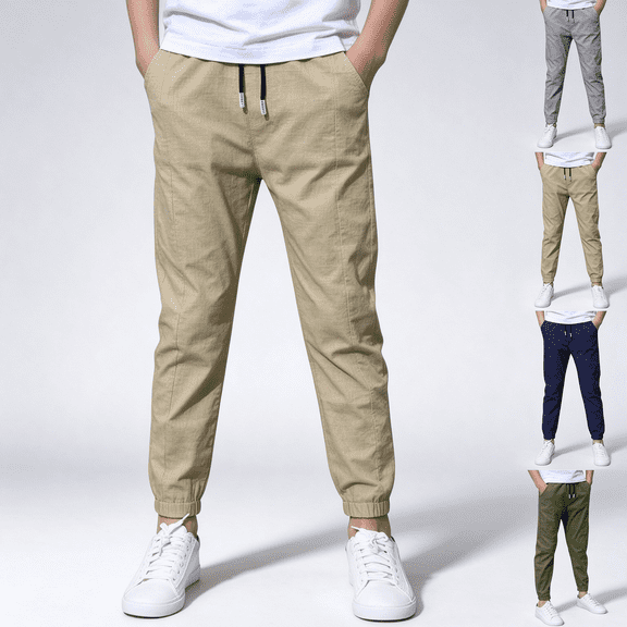NEBWOAK Boys Khaki Linen-Blend Jogger Pants - Breathable Summer Casual Pants with Elastic Waist Drawstring,Size 8 T