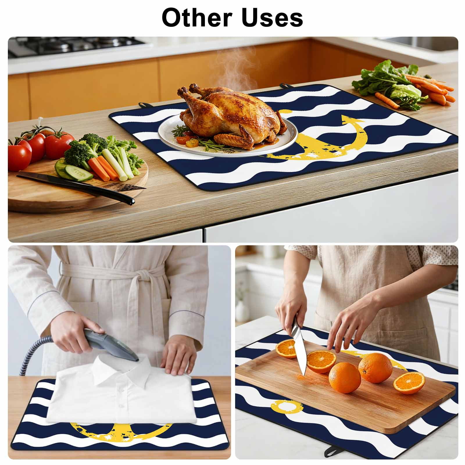 Navy Ripple Stove Top Cover for Electric Stove, Heat-proof & Non Slip Glass Top Stove Cover Protector, Yellow Anchor Navy White Waves Aesthetics Kitchen Flat Cooktop Rubber Mat 24x21 Inches