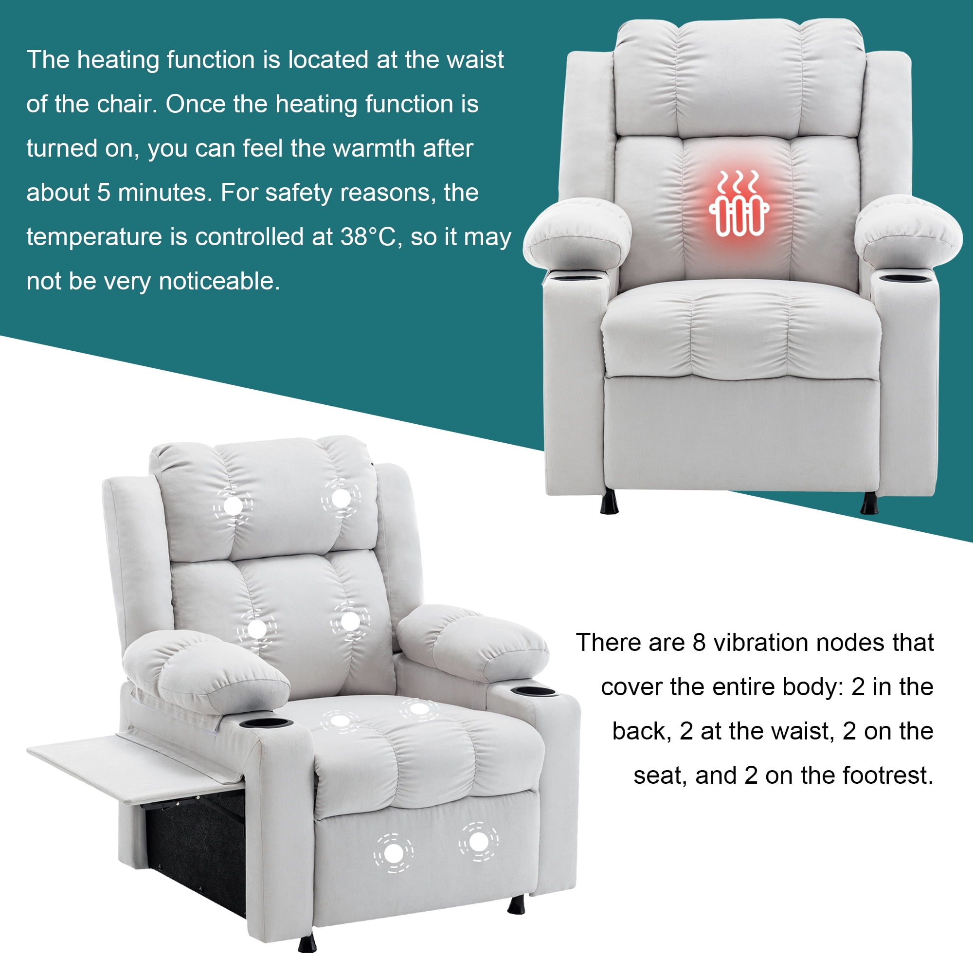 Andeworld 22" Recliner Chairs with Heat and Massage,Oversized Recliner Sofa chairs with Cup Holder, Side Pocket and Tray Taable for Living Rooms, Bedrooms, and Nurseries(Beige)