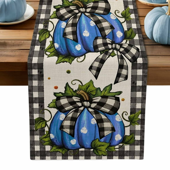 ERUNPONLY Polka Dot Blue Pumpkins Table Runner - 48 Inch Long Autumn Leaves Bow Buffalo Plaid Cotton and Linen Blended Dress Scarves Farmhouse Table Runner for Kitchen Dining, Coffee Table, 13" x 48"
