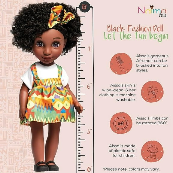 African American Barbie Doll with Realistic Natural Hair, Fashion Style and Accessories for Age 3  by NaimaDolls