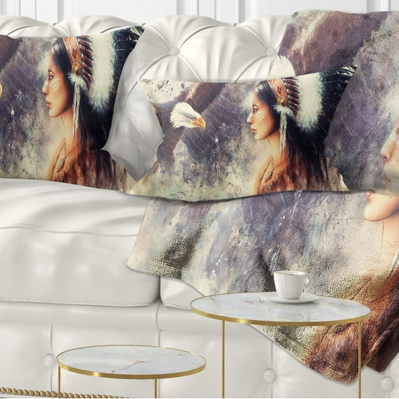 Designart Indian Woman and Eagle - Portrait Throw Pillow - 12x20