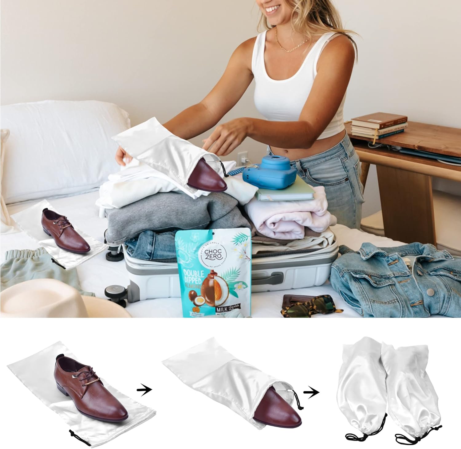 10 Pack Shoe Bags for Travel Satin Fabric Shoe Bag with Drawstring for Men Women Travel Protecting Storing Shoes