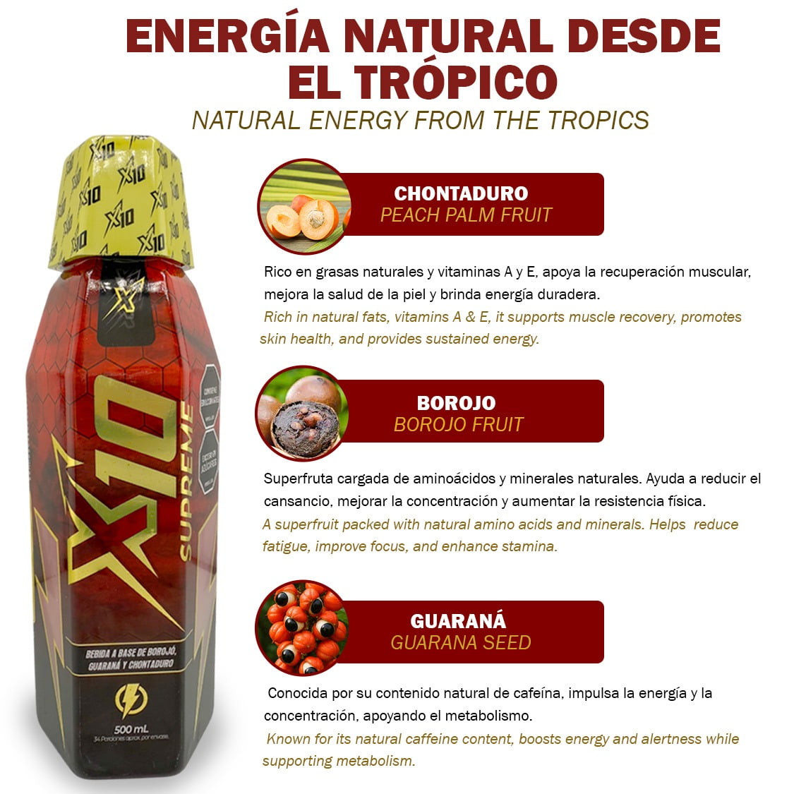 Supreme X10 Natural Energy Drink – 500ml | Boost Power & Stamina | Cherry Flavor with Borojo, Chontaduro & Guarana