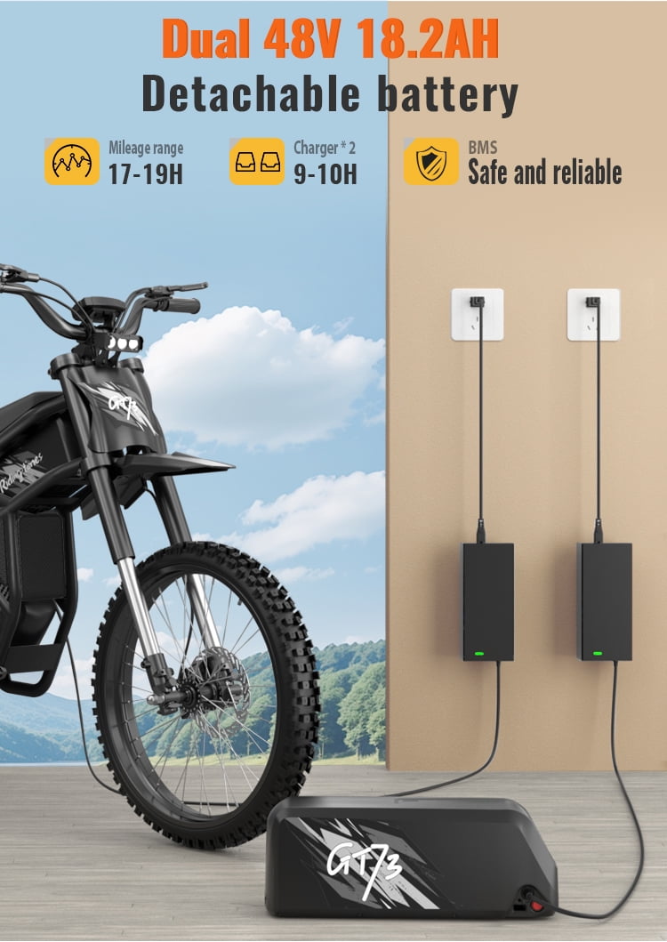 Ridingtimes GT73 Electric Dirt Bike for Adults,2400W Motor 48V18.2AH Dual Battary ebike dirt bicycles with 25" Tires Digital Screen Carbon Steel Black UL2849 One Seat