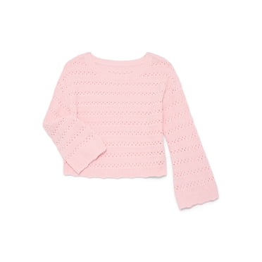 Wonder Nation Girls Pointelle Sweater with Long Sleeves, Sizes 4-18 & Plus