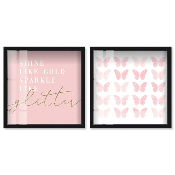 Pastel Pink Butterfly Pair Set Shadowbox Fashion Wall Decor by Art Remedy, Black Frame, 12 x 12