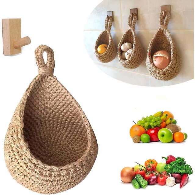 Cestas de frutas y verduras para colgar en la pared (18 x 17,5 x 22,5 cm), cesta de yute tejida a mano con forma de gota de agua para frutas o verduras, cesta de almacenamiento colgante para cocina