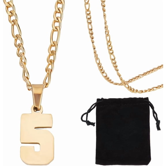 1 Box 1Pc Number Necklace 304 Stainless Steel Athletes Number Chain with Velvet Pouches for DIY Women Men (Number 5)
