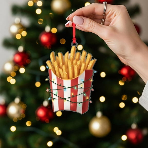 ViciArt French Fries Christmas Ornament – Fast Food Striped Box with String Lights, Holiday Decor, Acrylic & Fiber Wood