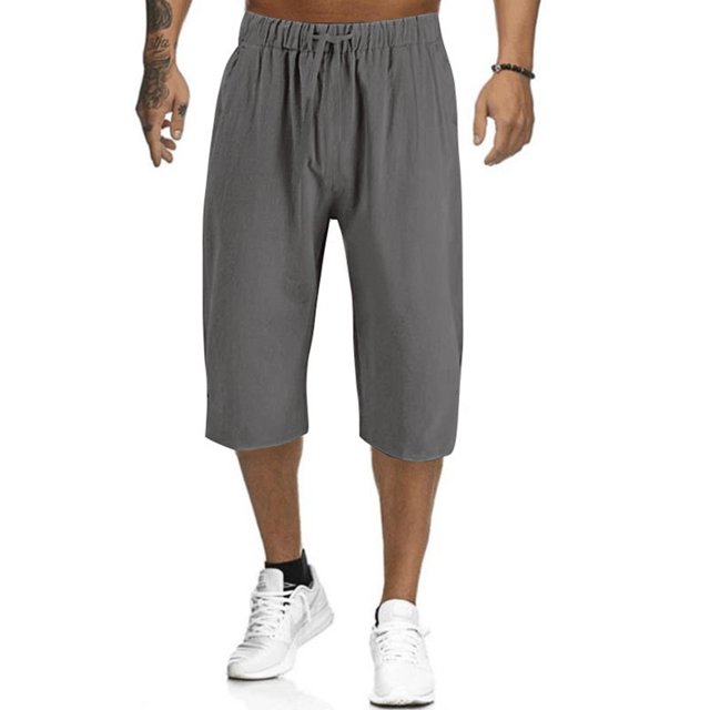 Innerwin Capri Pants Elastic Waist Men Yoga Pant Beach Solid Color Lightweight Capris Gray L