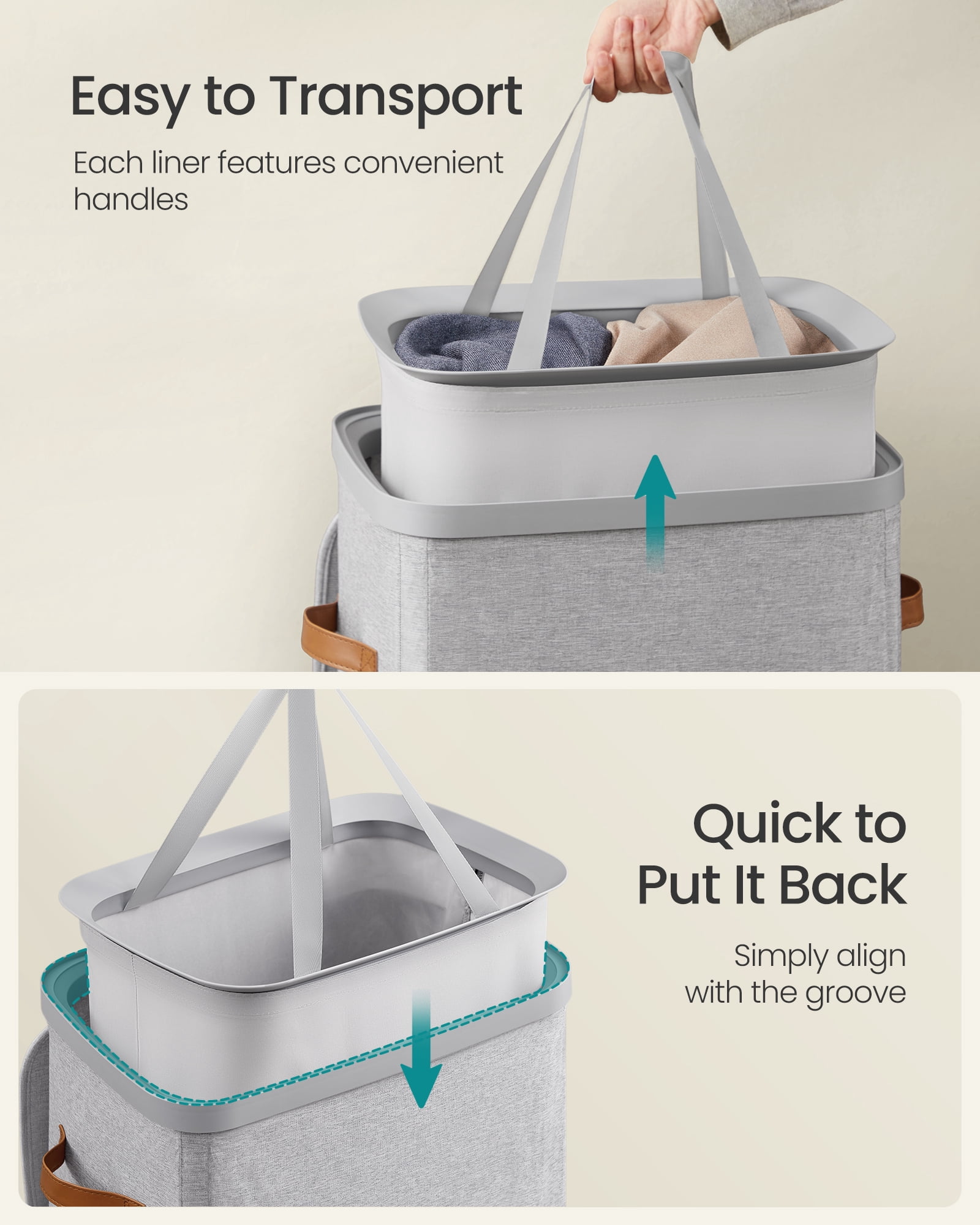 SONGMICS Laundry Basket, 26.4 Gal. Laundry Hamper, Easy Assembly, with Lid and Handles, Removable Liner, 16.5 x 12.6 x 29.5 Inches, Dove Gray