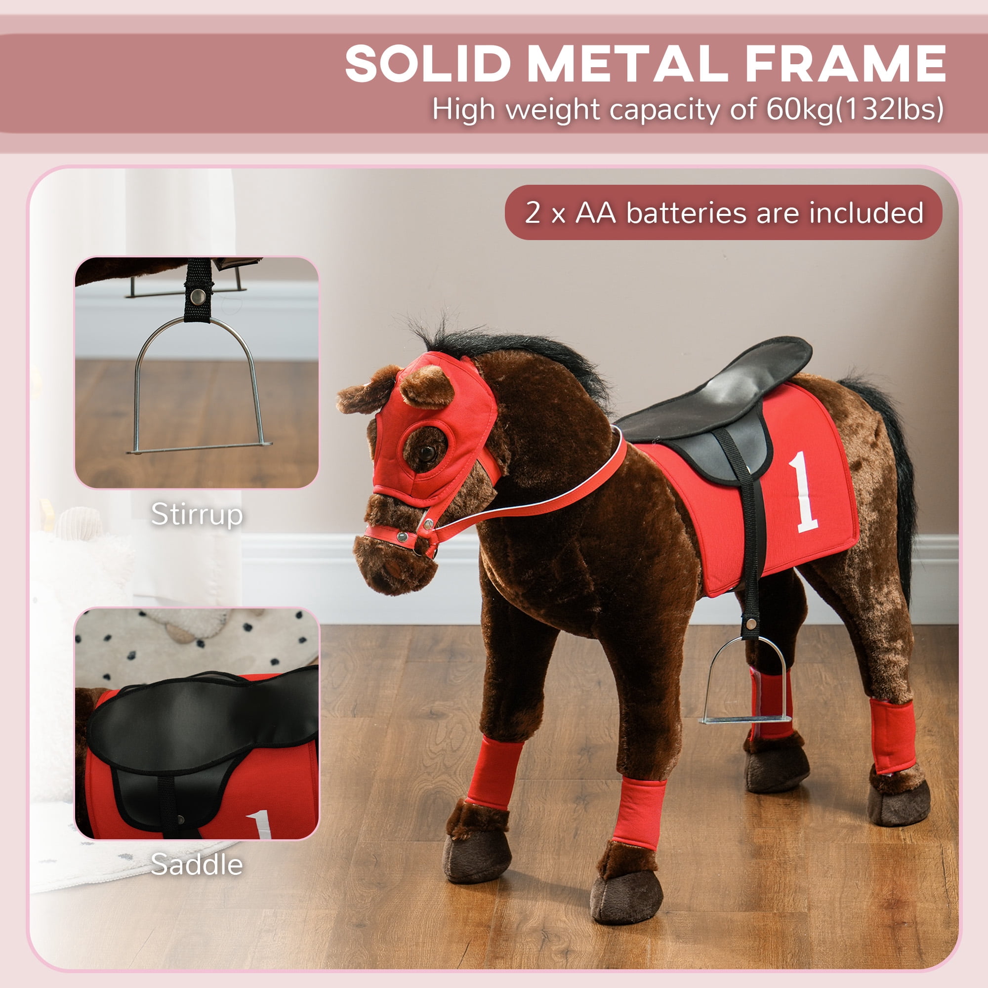 Qaba Ride on Horse for Kids 3-8 Years Old, Toddlers Riding Horse with Neighing Sound, Ride on Animal Pony Toy with Saddle & Stirrups
