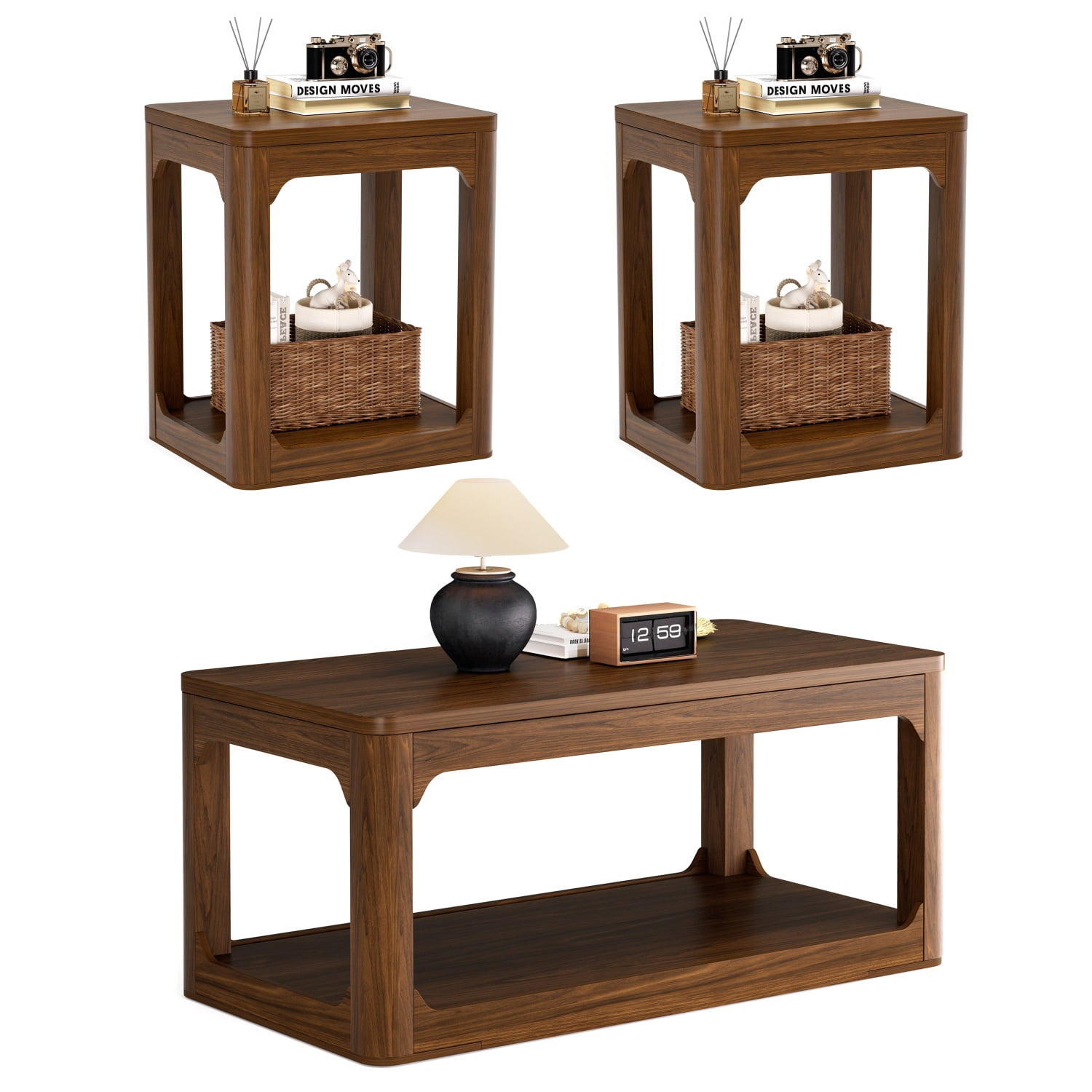 Hommoo Modern 3-Piece Coffee Table Set with Storage, Living Room Coffee Table + 2 Side Tables, Rounded Edges, Easy Assembly, Walnut