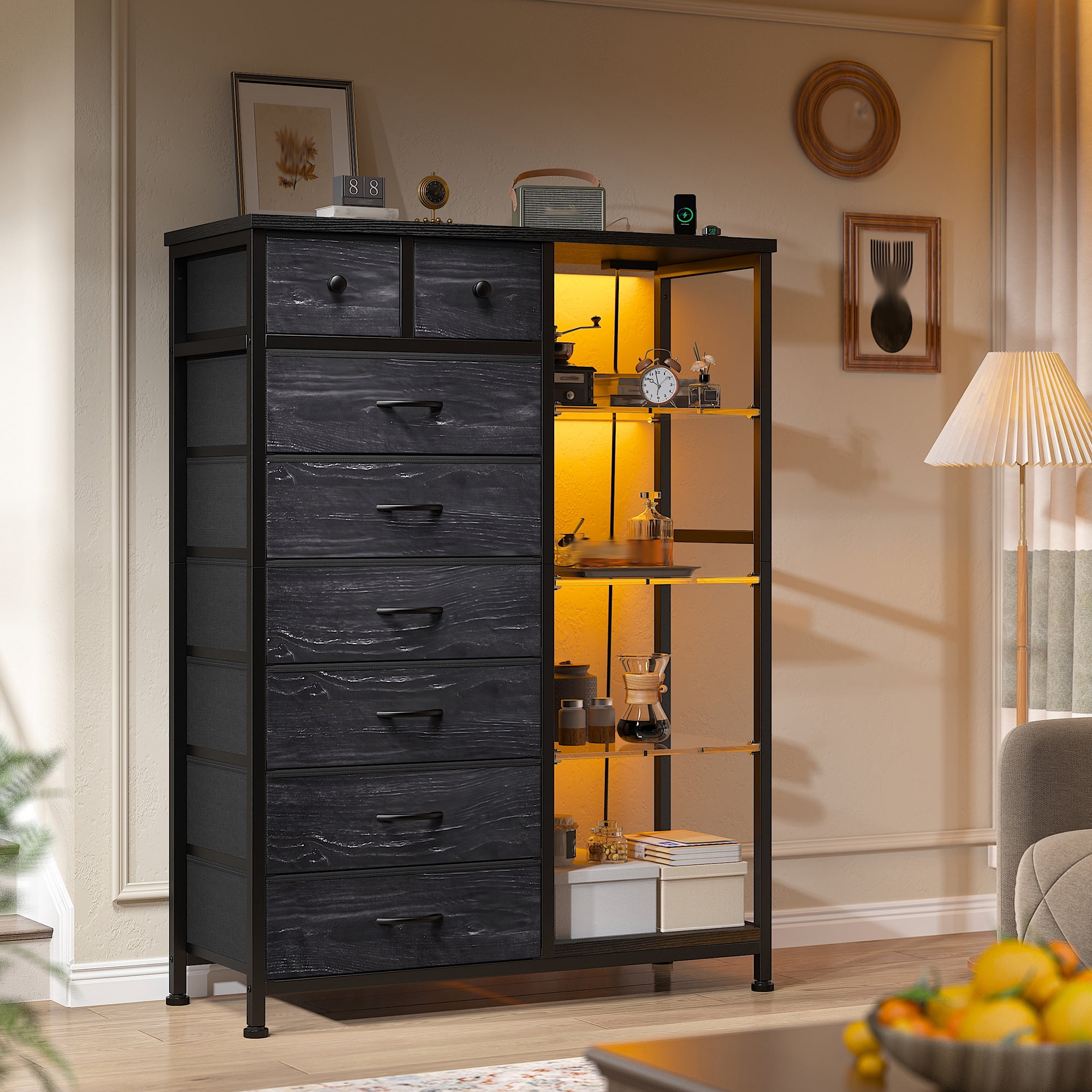 EnHomee Black Dresser for Bedroom with Acrylic Open Shelves & Charging Station Tall Dresser with 8 Fabric Drawers & LED Lights
