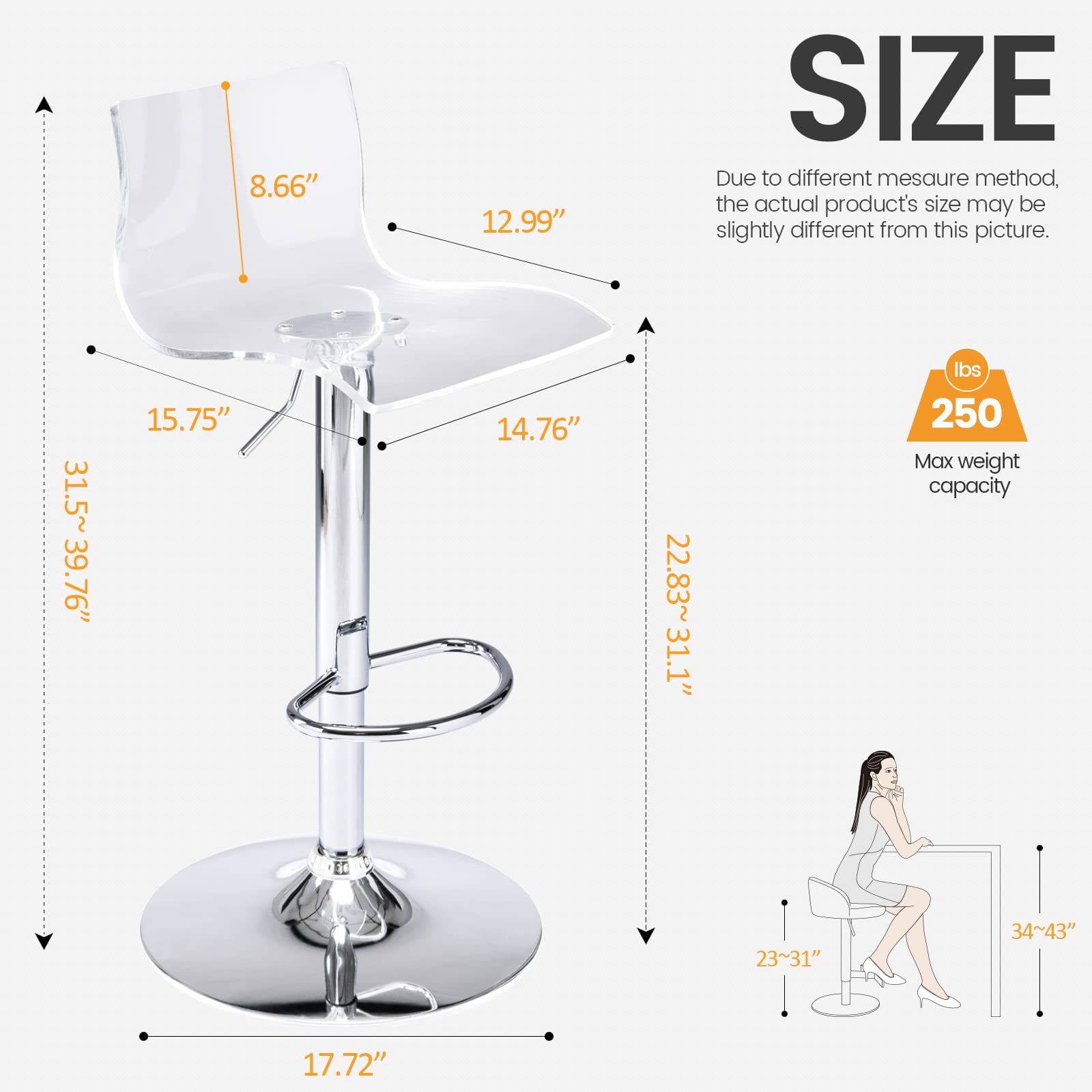 Bar Stools Set of 2, Adjustable Acrylic Swivel Airlift Barstools, Modern Counter Stools with Back and Footrest for Bar, Kitchen, Dining Room (Clear)