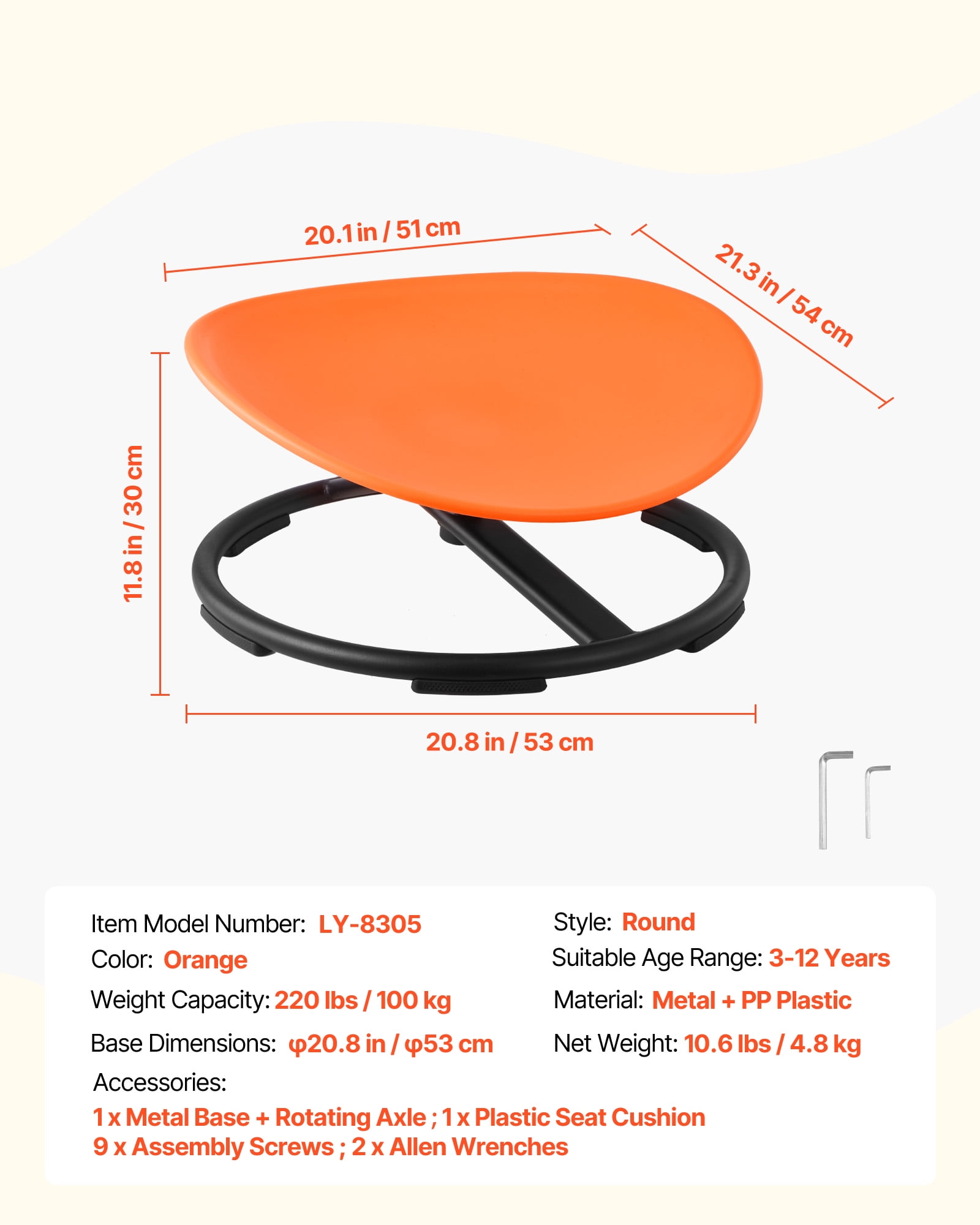 VEVOR Kids Swivel Chair, 220 lbs Capacity, Sensory Spinning Chair, Autistic Kids Sensory Toy Seat with Non-Slip Metal Base, Round Shape Toddler Sit & Spin Seat for Coordination Balance Focus, Orange