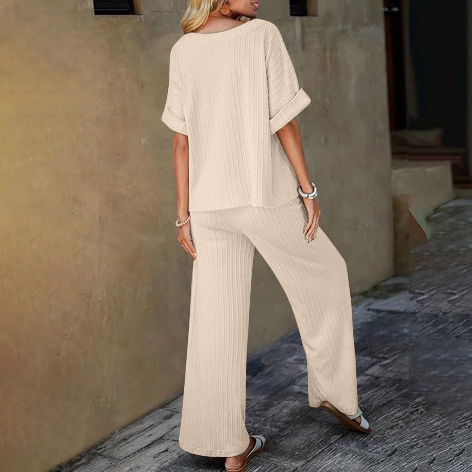 Womens Pajama Sets Pants 2 Piece Lounge Set Women Solid Color Round Neck Short Sleeve Tops And Pants Sets With Pockets