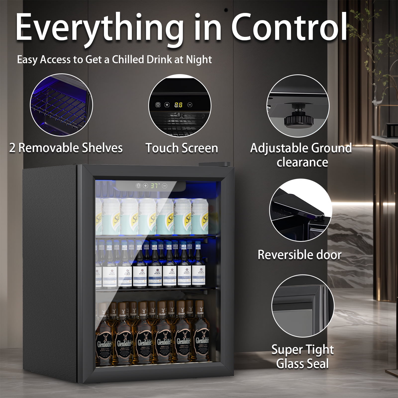 Compact 76 Can/1.7 Cubic Foot Beverage Fridge With Glass Door For Soda, Beer Or Wine, Under Counter Drinks Refrigerator