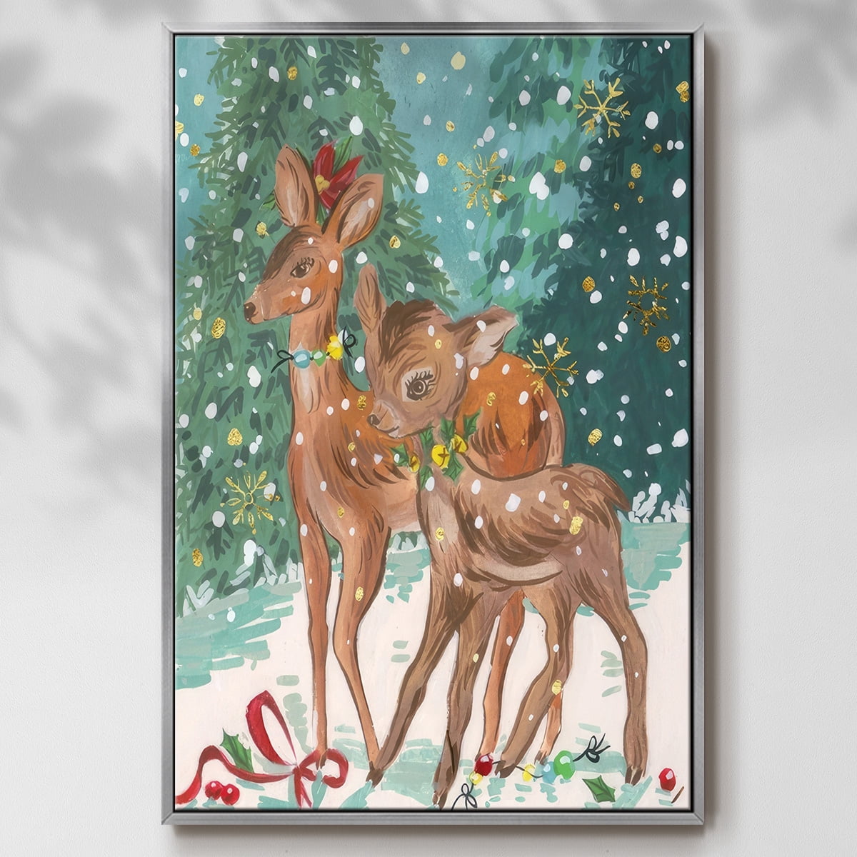 Doe and Fawn I - Framed Gallery Wrapped Holiday Canvas - 17 x 25 - Silver Frame