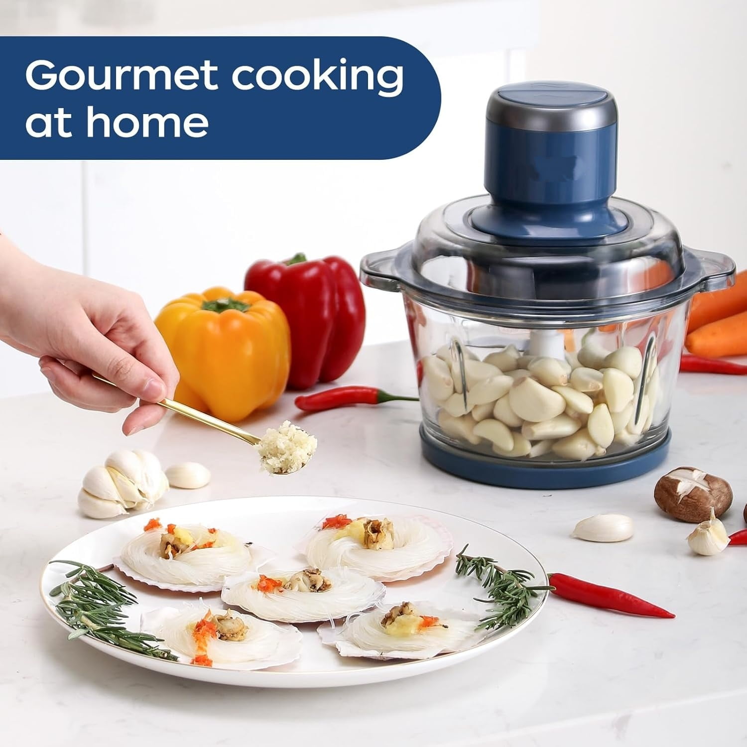 Food Processor,Electric Food Chopper with 7-Cup (1.7L) Glass Bowl, 4 Bi-Level Blades for Chopping,Grinding,Mincing,Whisking,Meal Prep,300W,Blue