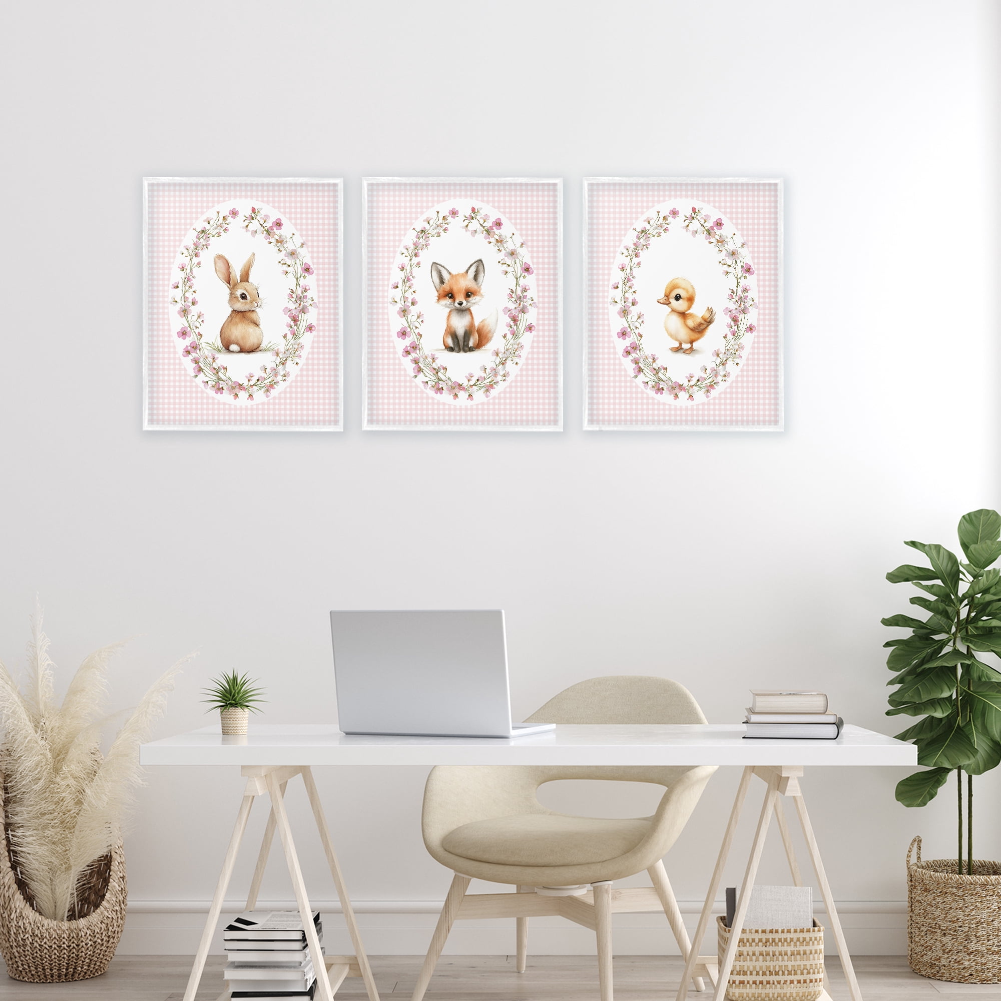 Stupell Industries Spring Gingham Animals 3 Piece White Framed Giclee Art Set, design by Christine Simpson Art