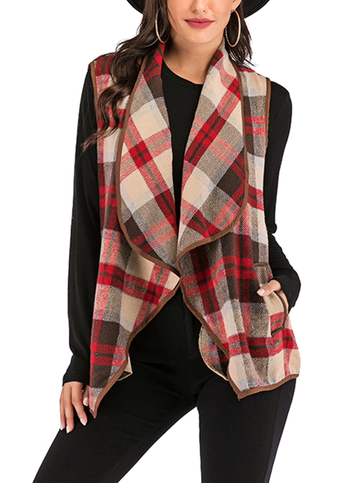 SAYFUT Womens Open Front Plaid Cardigan Sweater Coat Lapel Sleeveless Plaid  Vest with Pockets - Walmart.com