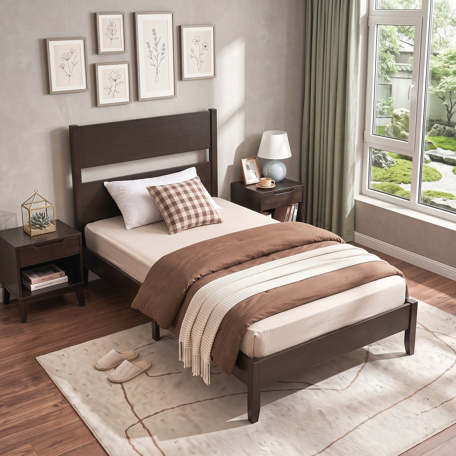Furnibear Twin Bed Frame Wood Platform Bed with Plank Headboard Solid Wood Legs and 12 Slats for Bedroom and Guest Room, Warm Brown