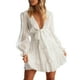 thumbnail image 3 of Vestido de manga larga para mujer Escote en V profundo Color liso Vestido de primavera y verano Cintura alta S-3XL Mini vestido de talla grande SAYOO moda, 3 of 8