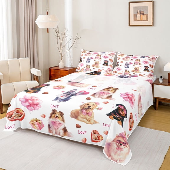 Castle Fairy Boys Girls Cartoon Animal Bow Dogs Twin Sheet Sets 3pcs,Happy Valentine's Day Twin Fitted Sheet Microfiber,Kawaii Love Heart Print Breathable Flat Sheet,Luxury Bedroom Decor