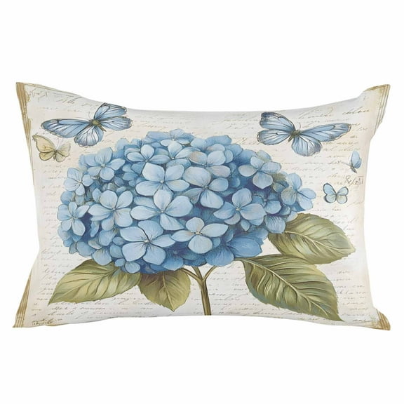 Blue Hydrangea Throw Pillow Cover 16 x 24 Inch Decorative Pillow Cover Spring Vintage Botanical Butterfly Lumbar Pillowcase Seasonal Rectangle Cushion Case for Couch Sofa Bed Living Room