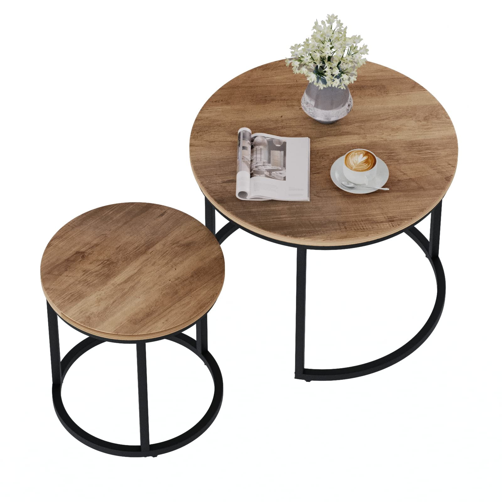 Semiocthome Modern Round Nesting Coffee Table Set,End Table Metal Frame for Living Room,23.6",Brown