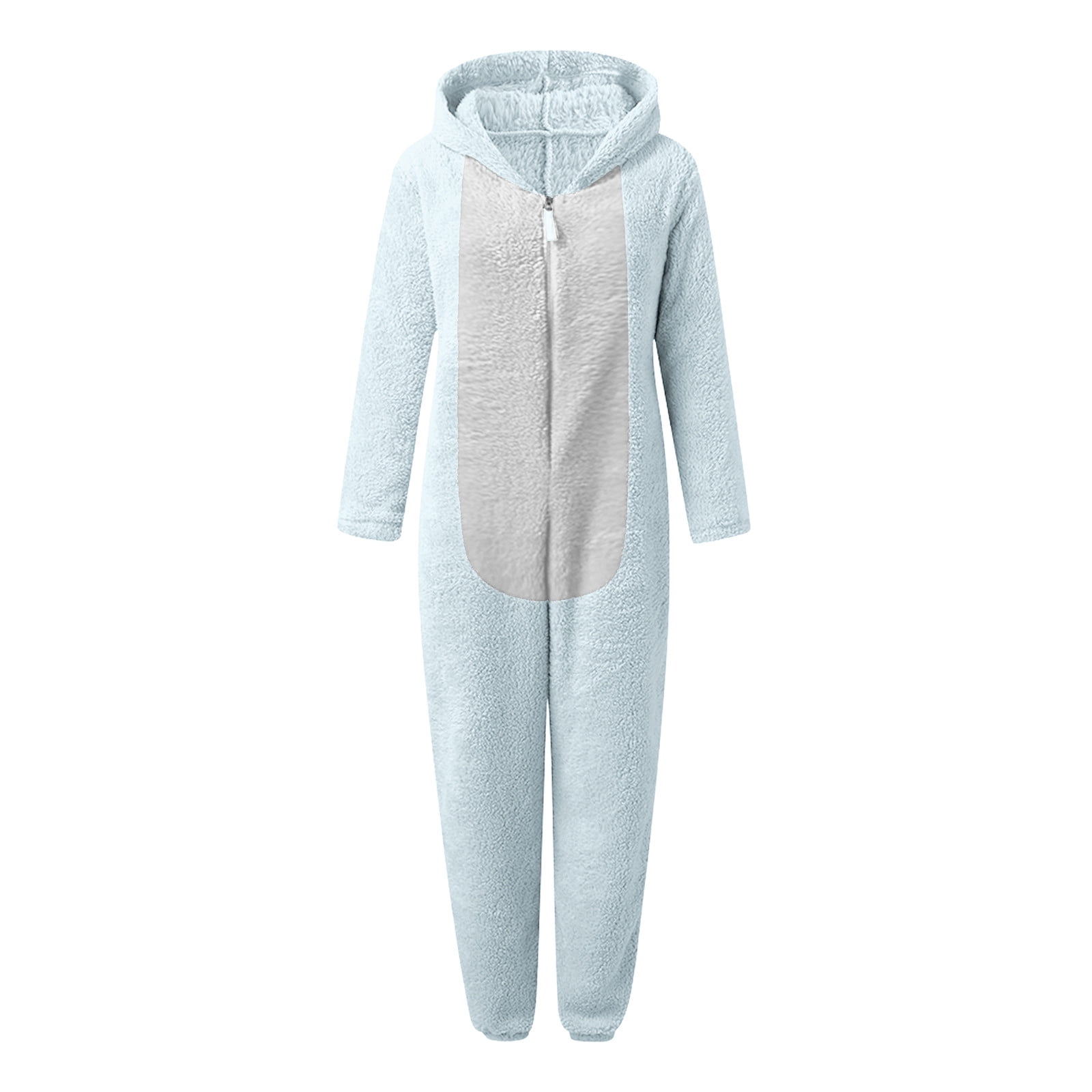 Lovskoo Womens Fluffy Hooded Jumpsuit Fuzzy Pajamas Long Sleeve Cute Ear One Piece Onesie Winter Warm Rompers Sleepwear Light Blue