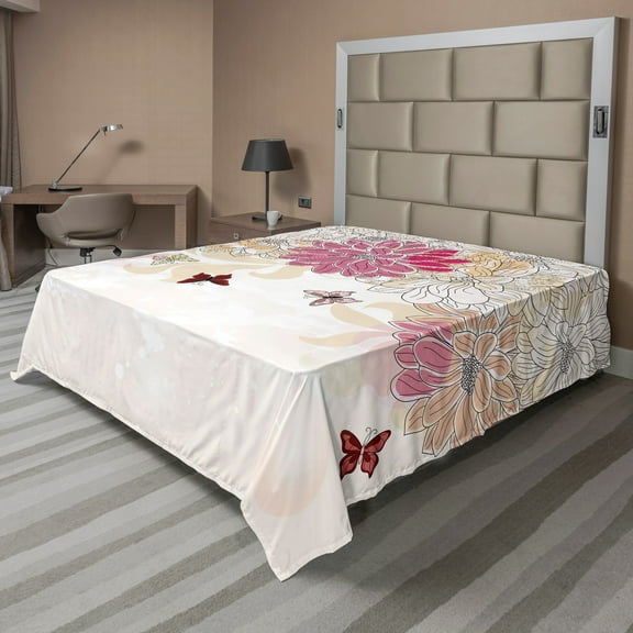 Ambesonne Floral Flat Sheet, Spring Flower Butterfly, Full Size, Cream Pink