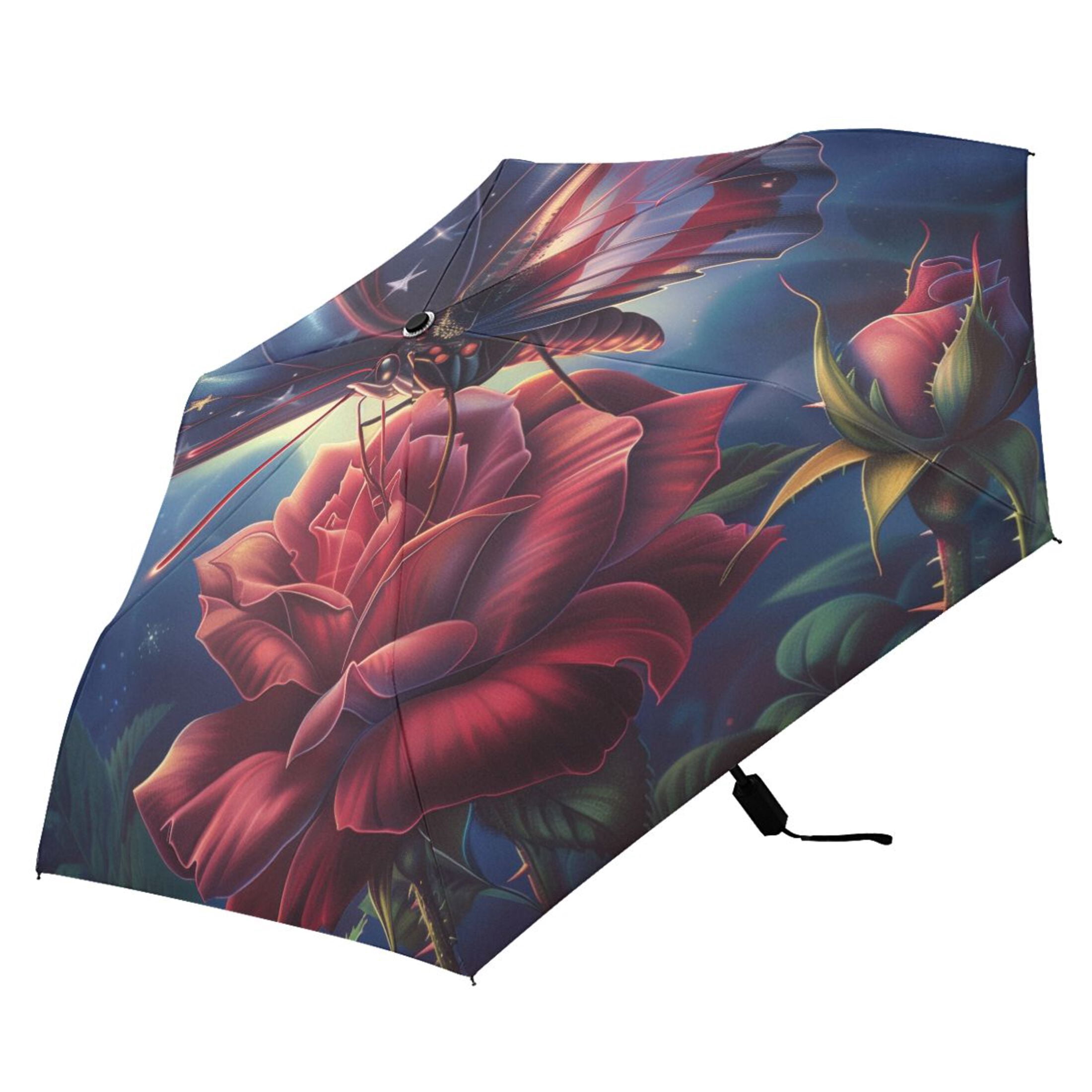 Compact Sun Umbrella Windproof Travel Umbrellas for Rain Strong Portable UV Protection American Flag Colored Butterfly with Flower