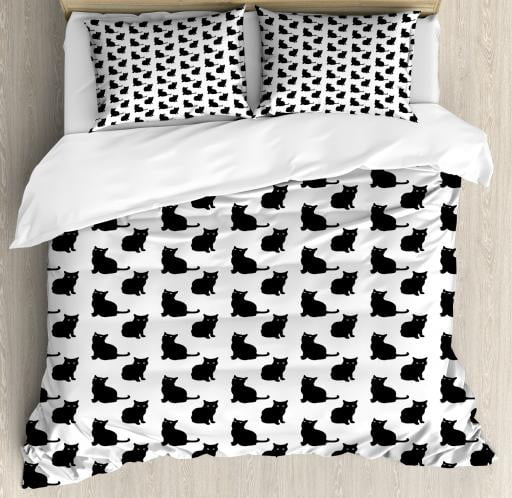 Cat Duvet Cover Set Cute Black Cat Figures On White Backdrop