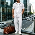 thumbnail image 2 of Mens 2 Piece Linen Set Summer Beach Button Down Short Sleeve Work Shirt Long Pant Vacation Casual Outfit Size 3XL White, 2 of 6