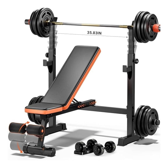 Weight Bench Set with Squat Rack 770lbs, 5-in-1 Home Gym Workout Station, Adjustable Flat Incline Sit Up Bench Press for Full Body Strength Training