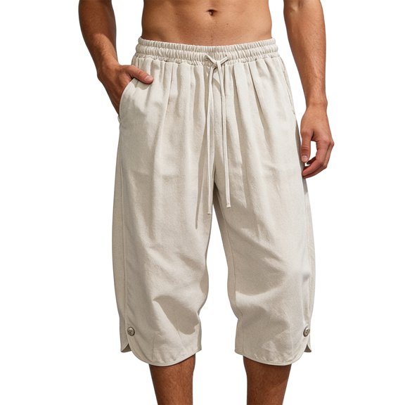 CONZONE Mens Baggy Linen Capri Pants Wide Leg Pants for Men Trendy Elastic Waist Solid Soft Casual Joggers Pant With Pockets