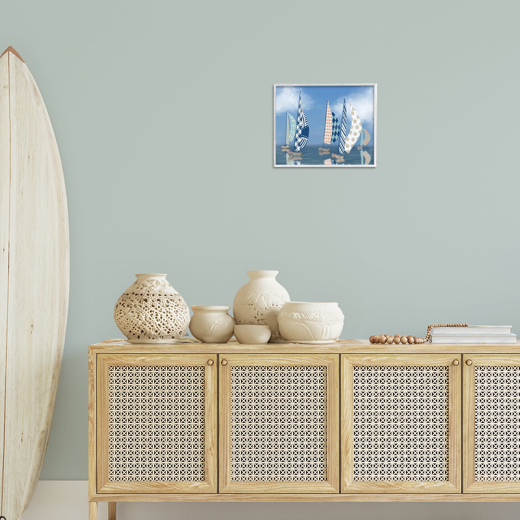 Stupell Industries Patchwork Coastal Sailboats Transportation Painting White Framed Art Print Wall Art, 14 x 11