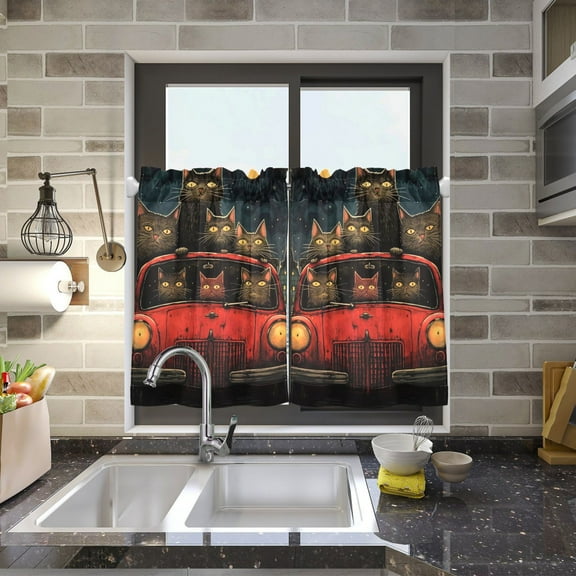 Cats Car Houses Kitchen Curtains Half Tier Curtain 2 Rod Pockets Bathroom Bedroom Cupborad Living Room 27"x24"