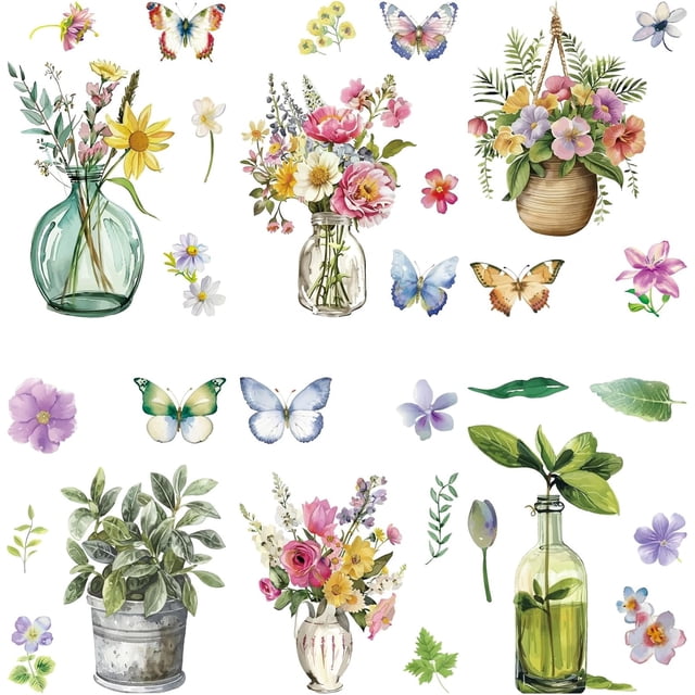 Flower Butterflies Spring Window Decal 8 Sheets PVC Adhesive Decorations Windows Stickers Floral in Jars Glass Sticker Decal Home Reusable Removable for Living Room Colourful Flowers
