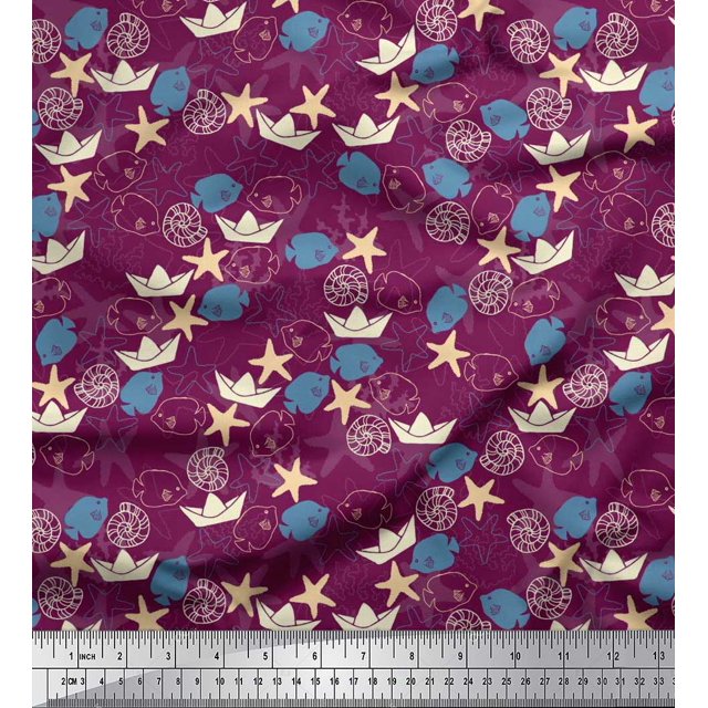 Soimoi Poly Georgette Fabric Paper Boat,Fish & Starfish Ocean Print Sewing Fabric Yard 42 Inch Wide